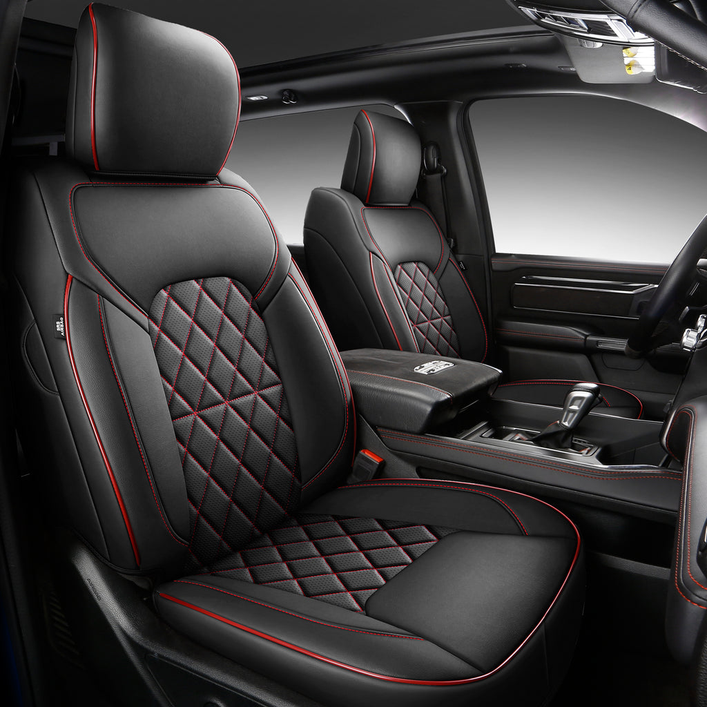 Car Seat Covers for 2019-2026 Dodge Ram 1500 Crew Cab - Full Set Nappa Leather - 46-Split Flat Rear Bench Design, Compatible with Big Horn/Rebel/Lone Star/HFE Trims
