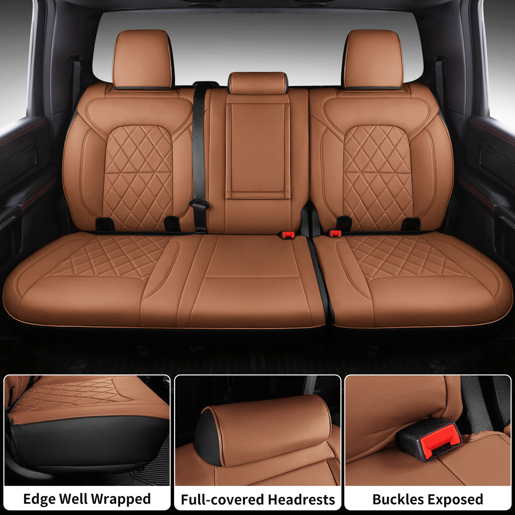 Car Seat Covers for 2019-2026 Dodge Ram 1500 Crew Cab - Full Set Nappa Leather - 46-Split Flat Rear Bench Design, Compatible with Big Horn/Rebel/Lone Star/HFE Trims
