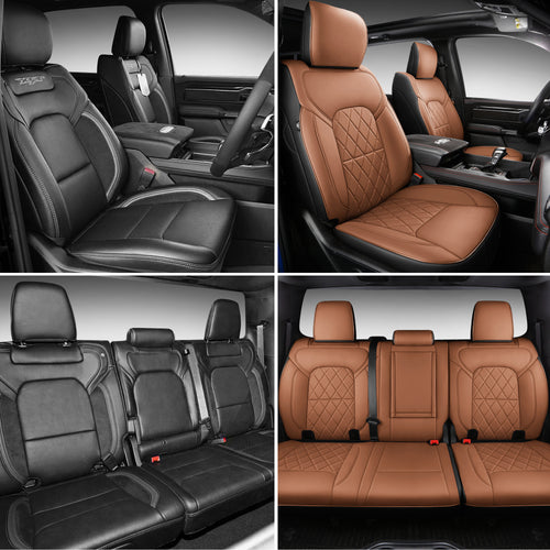 Car Seat Covers for 2019-2026 Dodge Ram 1500 Crew Cab - Full Set Nappa Leather - 46-Split Flat Rear Bench Design, Compatible with Big Horn/Rebel/Lone Star/HFE Trims
