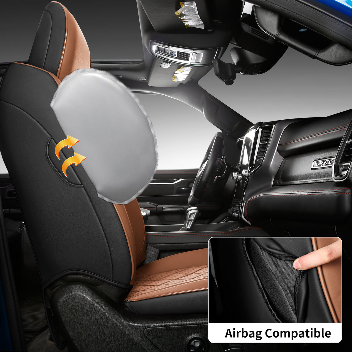 Car Seat Covers for 2019-2026 Dodge Ram 1500 Crew Cab - Full Set Nappa Leather - 46-Split Flat Rear Bench Design, Compatible with Big Horn/Rebel/Lone Star/HFE Trims
